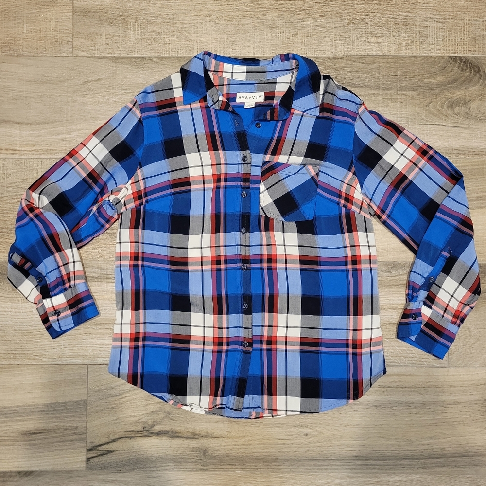 Ava & Viv Red Blue Plaid Button Up Long Sleeve Shirt Women's X